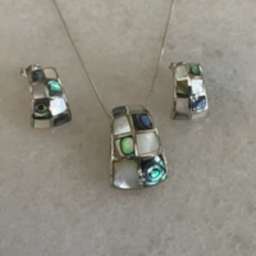 Artisan sterling silver necklace & earring set-Abalone & Mother of Pearl